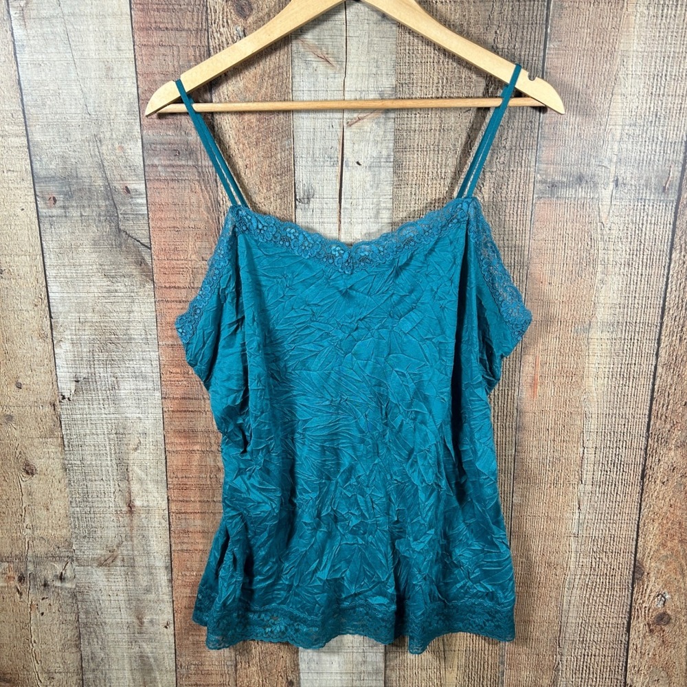 Coldwater Creek Teal Blue Crinkle Lace Trim Camisole Adjustable Straps XL